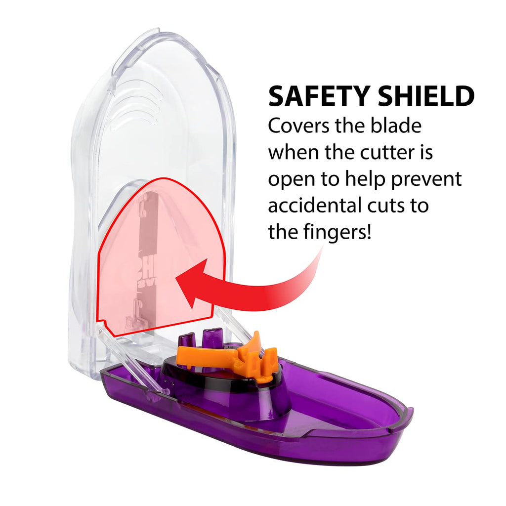 EZY DOSE medication cutter close up showcasing the integrated magnifying glass for precise tablet positioning.