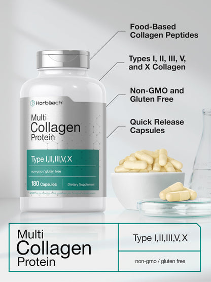 Side view of Horbäach multi collagen bottle outlining keto and paleo friendly features.