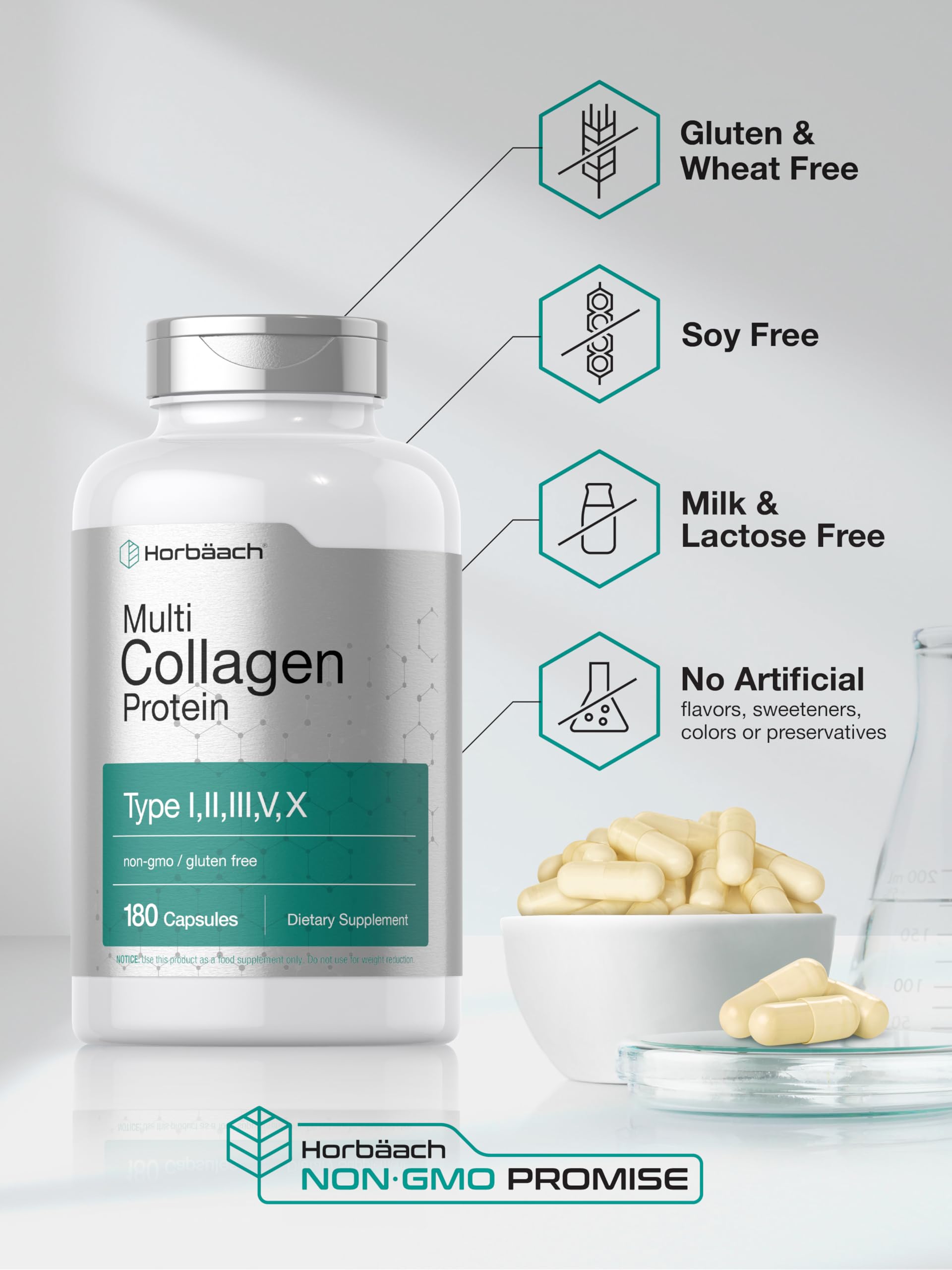 Quick release multi collagen peptides capsules displayed next to the premium packaging.