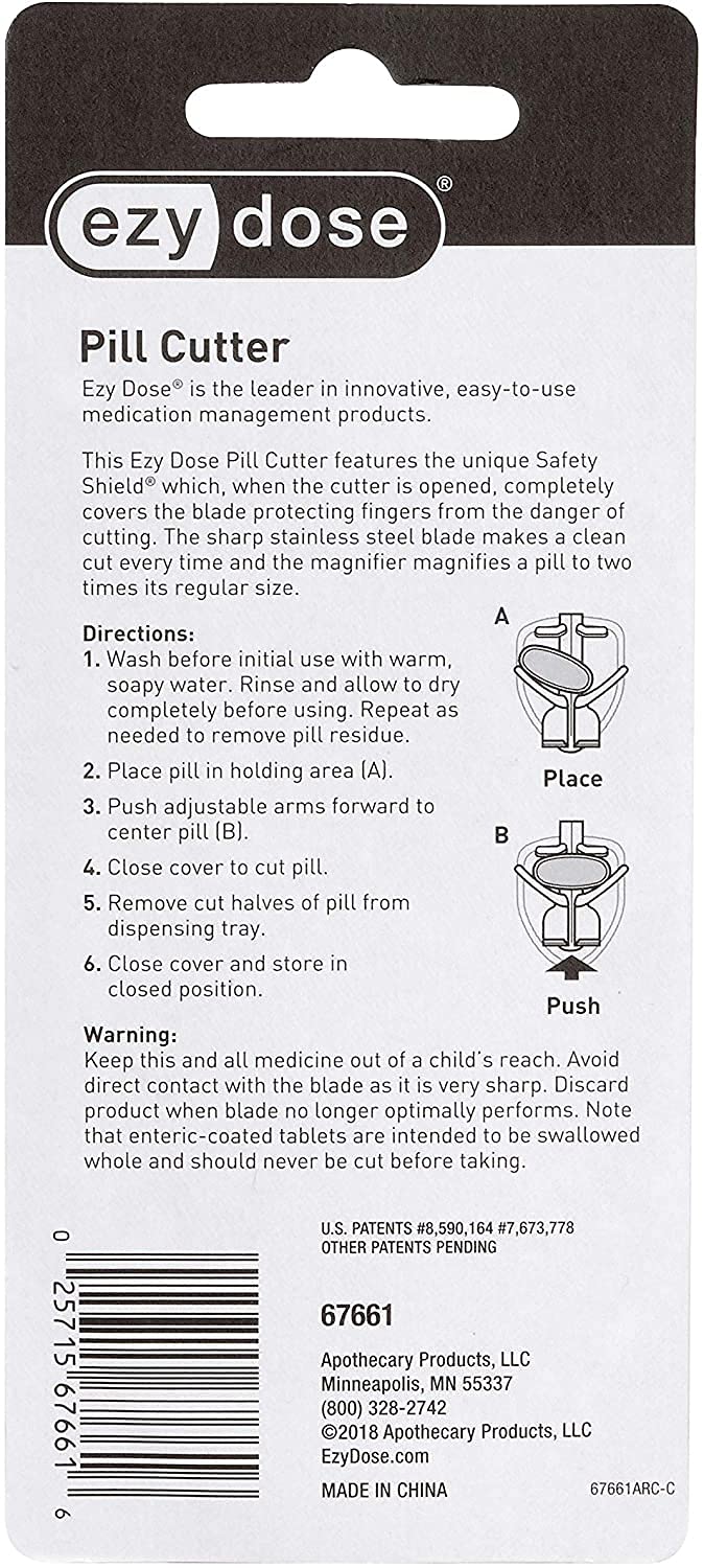 EZY DOSE safety shield pill cutter angled shot demonstrating the comfortable non-slip hand pressure zone.