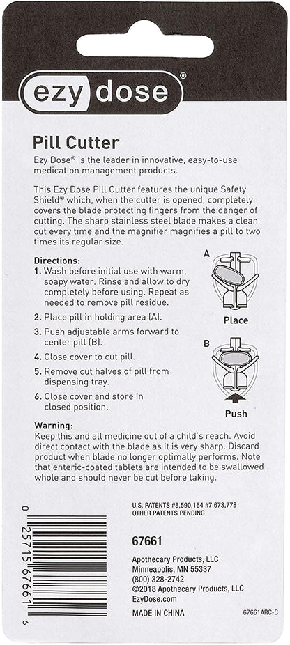 EZY DOSE safety shield pill cutter angled shot demonstrating the comfortable non-slip hand pressure zone.