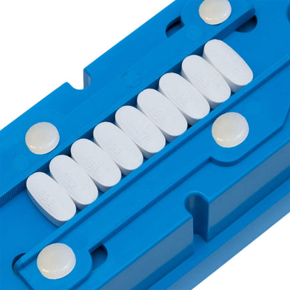 Pillcut multi medication splitter top cover highlighting the integrated stainless steel blade