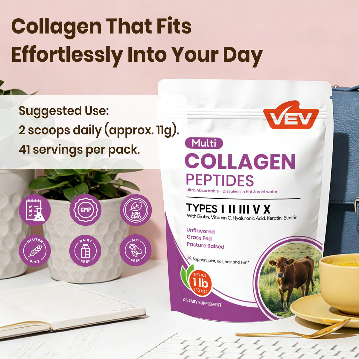 Premium unflavored collagen powder showing easy dissolution in a morning drink setup