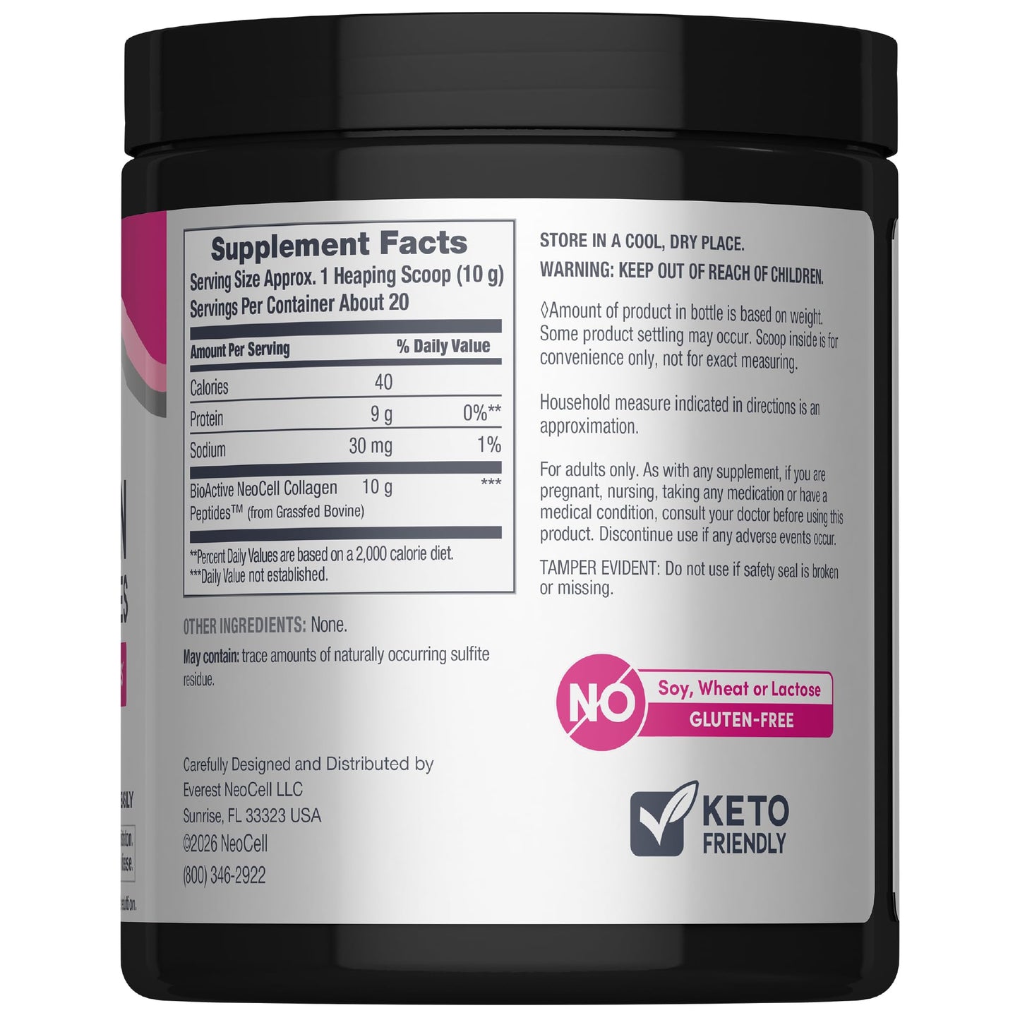 NeoCell grassfed collagen peptides hydrolyzed types 1 and 3 nutritional facts label