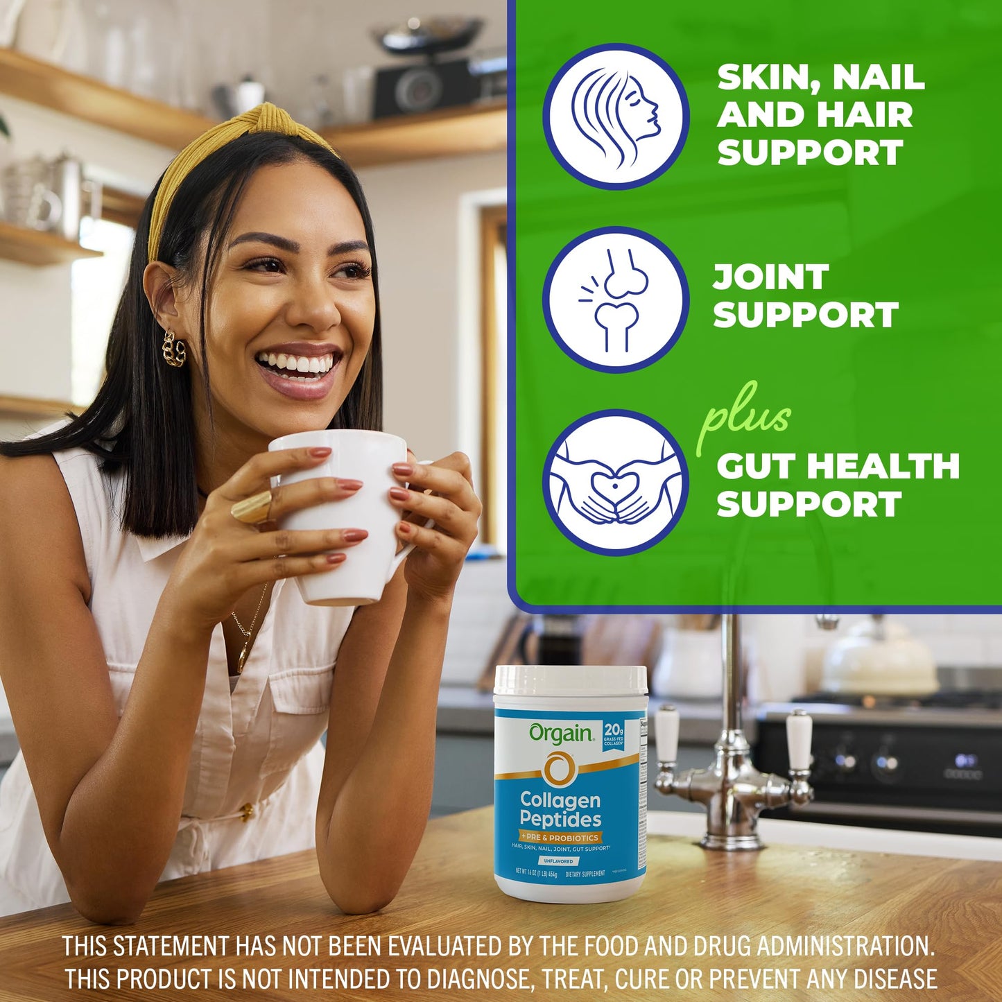 Scoop of unflavored grass fed collagen peptides powder being added to morning coffee