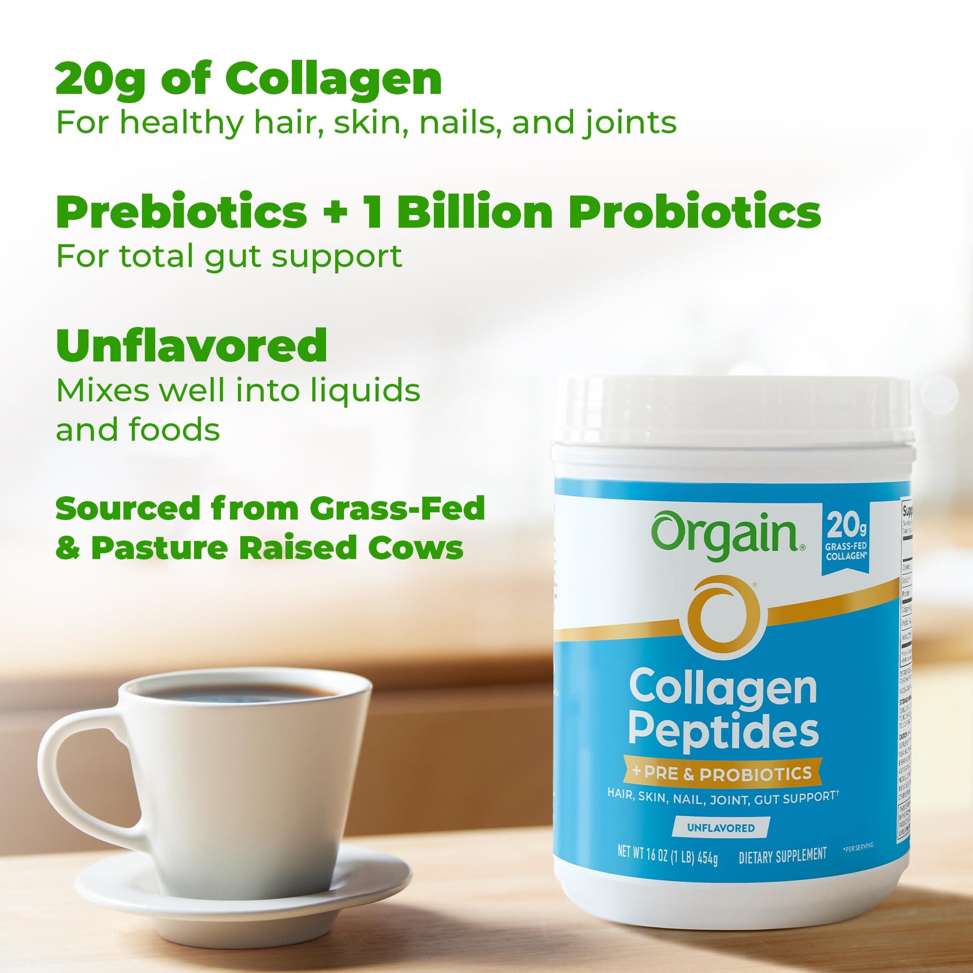 Three in one gut and skin wellness formula showing premium USA imported Orgain packaging