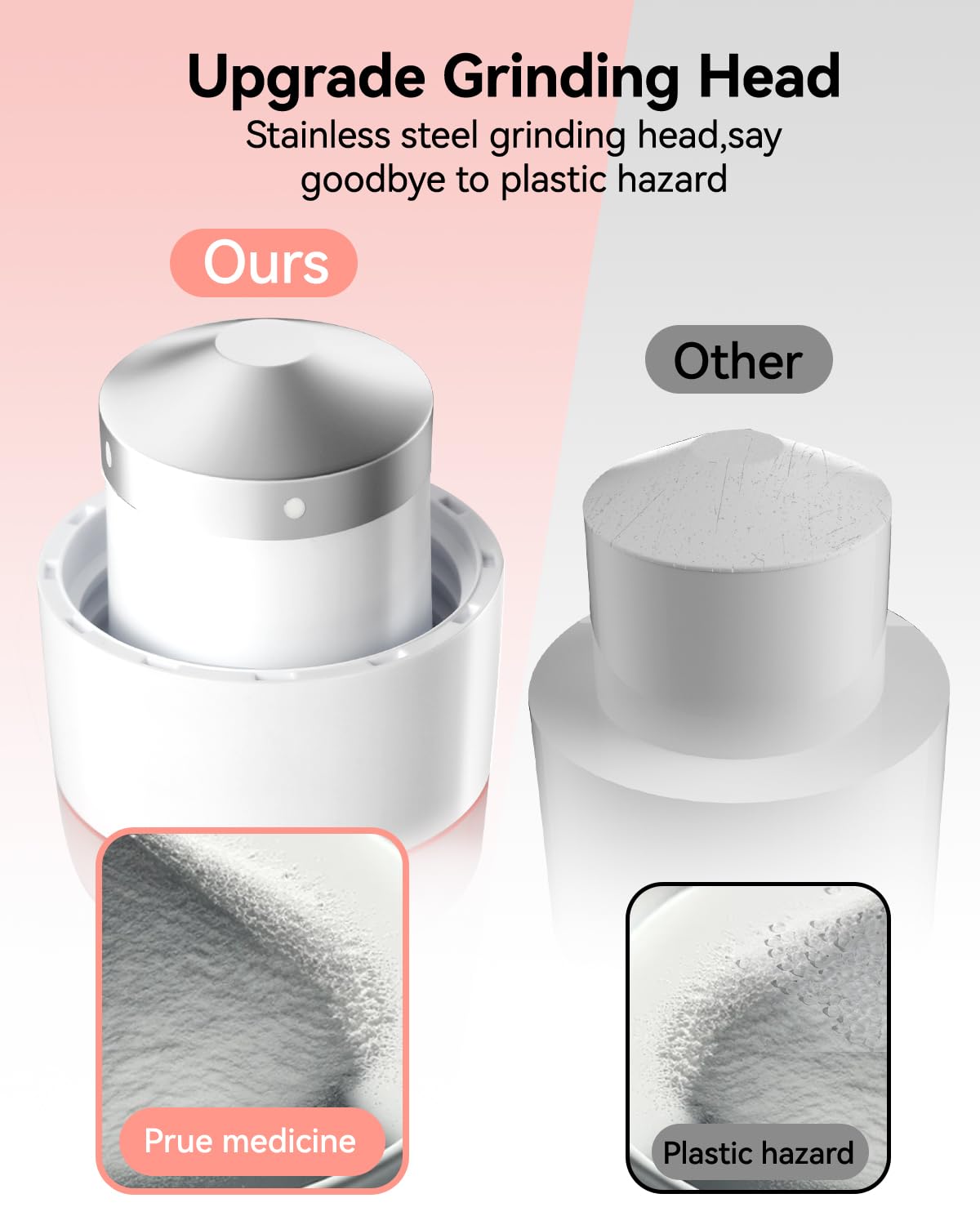 Cotatoc pink medicine pulverizer opened to reveal the stainless steel grinding pestle