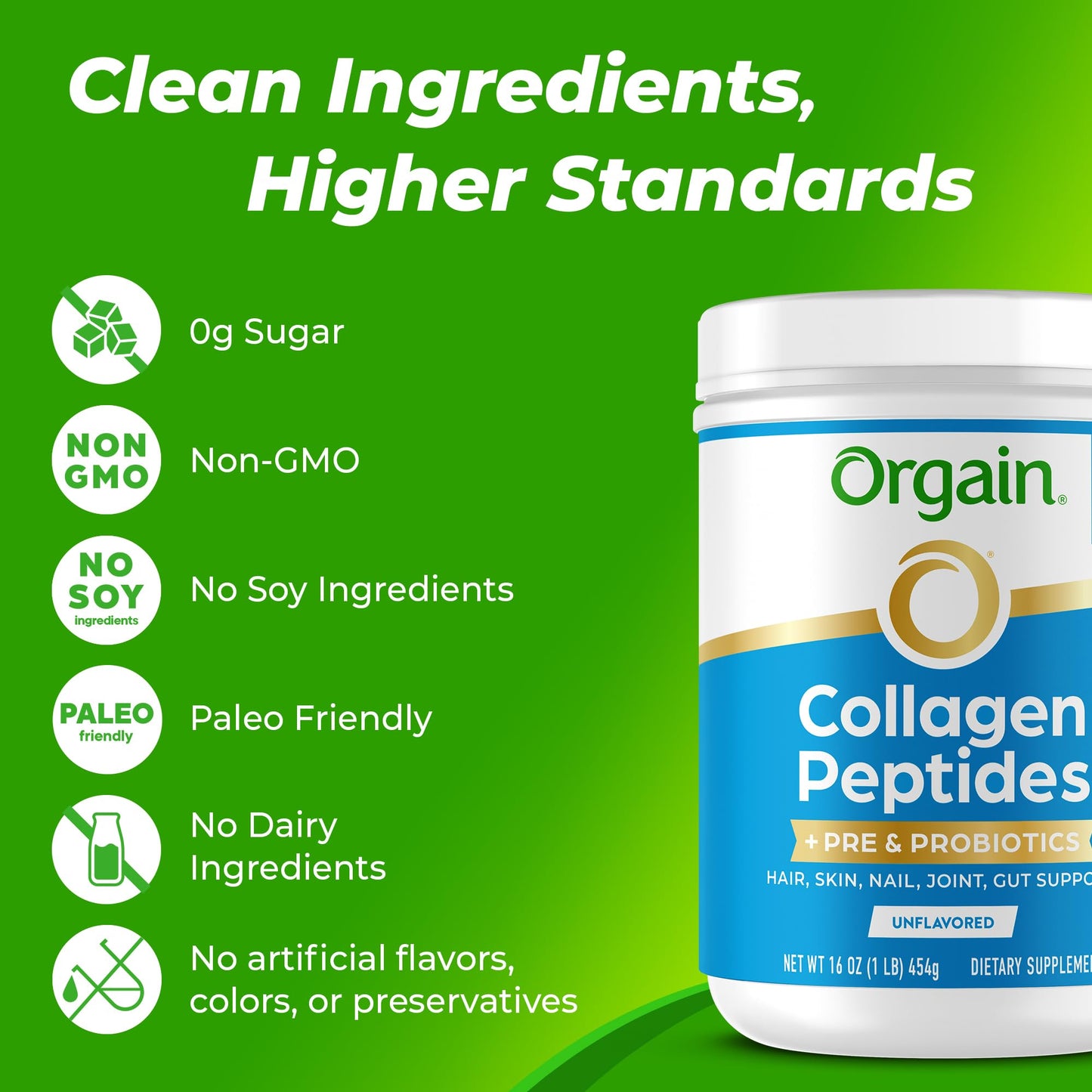 Orgain collagen peptides with one billion CFU probiotics for women and men joint support
