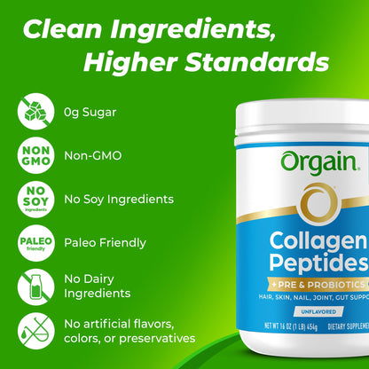Orgain collagen peptides with one billion CFU probiotics for women and men joint support