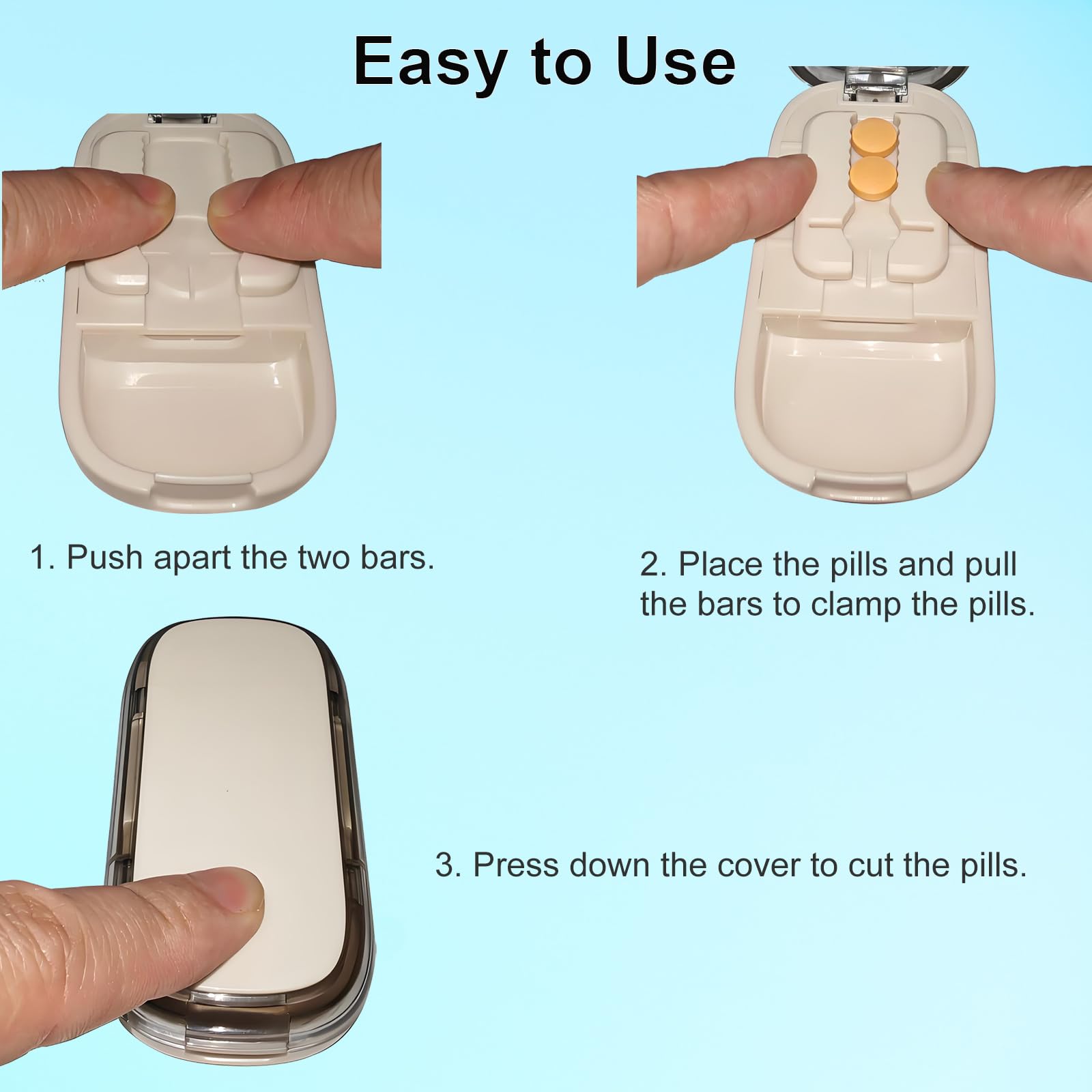 Compact travel friendly multi pill cutter tool showing dimensions and styling