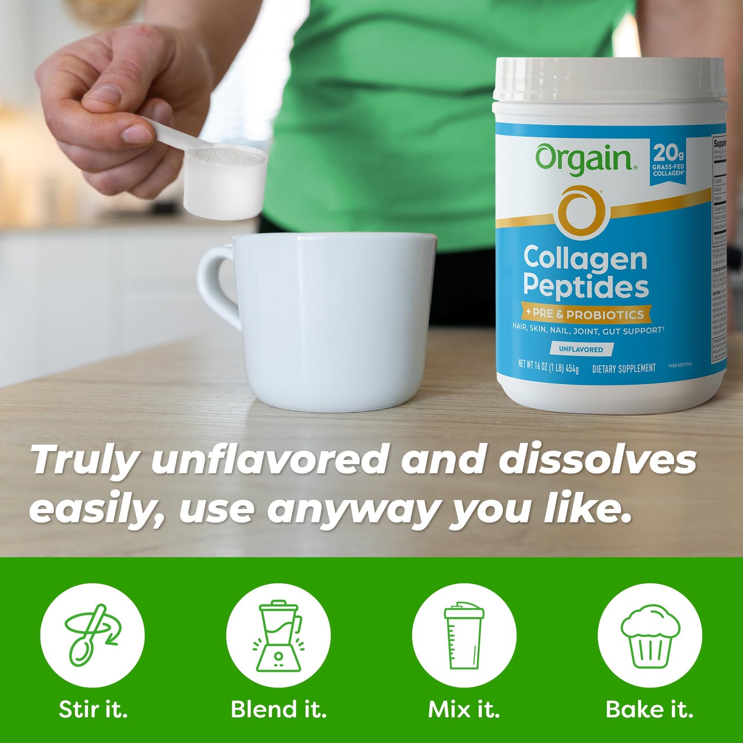 Side view of Orgain unflavored three in one collagen prebiotics and probiotics dietary supplement