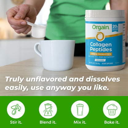 Side view of Orgain unflavored three in one collagen prebiotics and probiotics dietary supplement