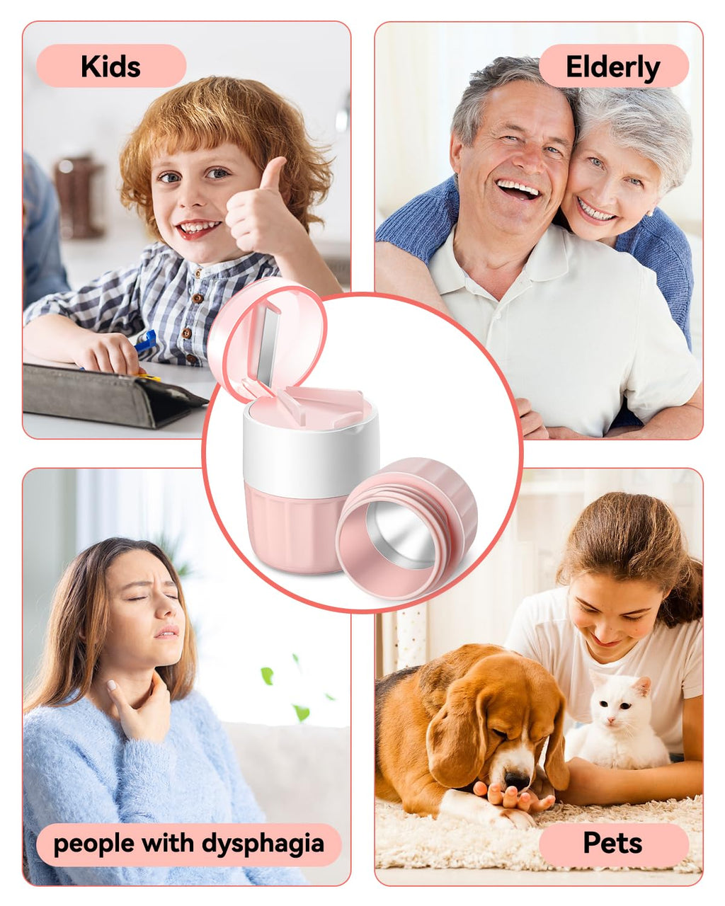 Compact travel-friendly pink pill crusher alongside personal care accessories