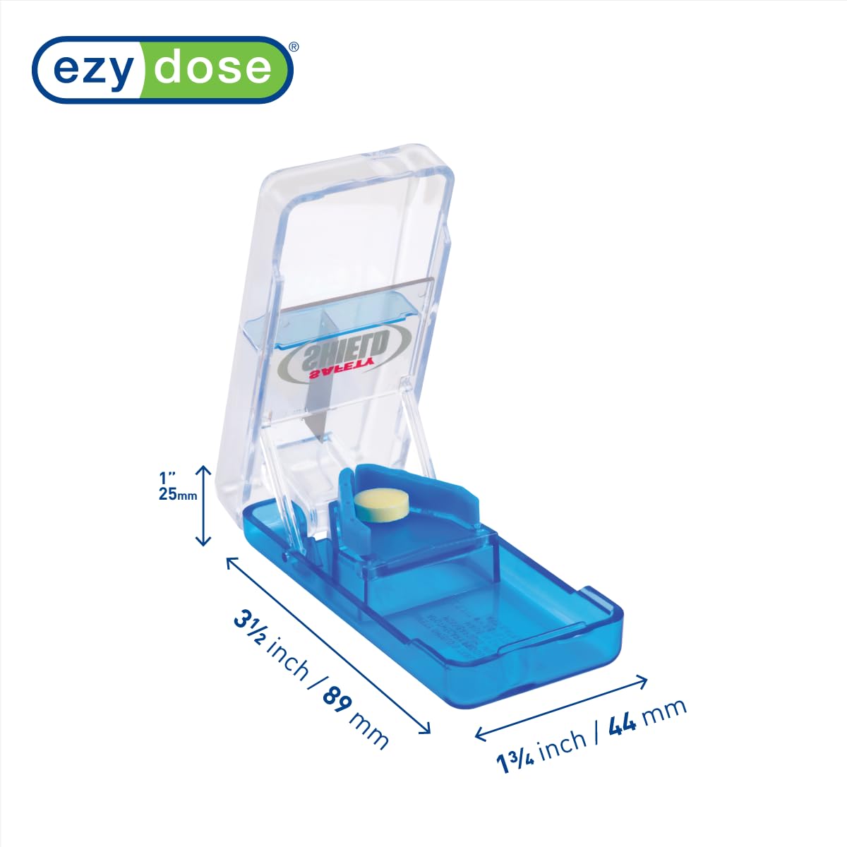Ezy Dose Tablet Splitter open view displaying the internal V-shaped holder and retractable safety guard