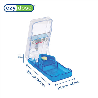 Ezy Dose Tablet Splitter open view displaying the internal V-shaped holder and retractable safety guard