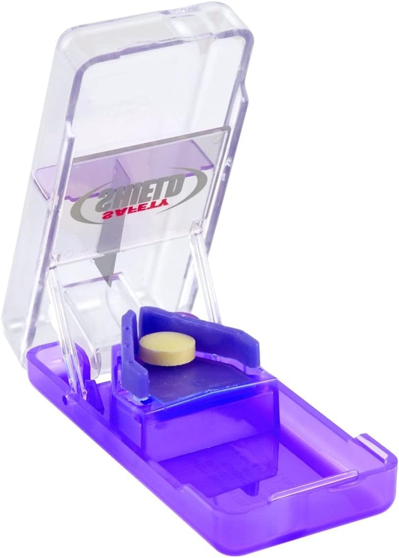 Ezy Dose medication cutter close up highlighting the premium sharp stainless steel blade