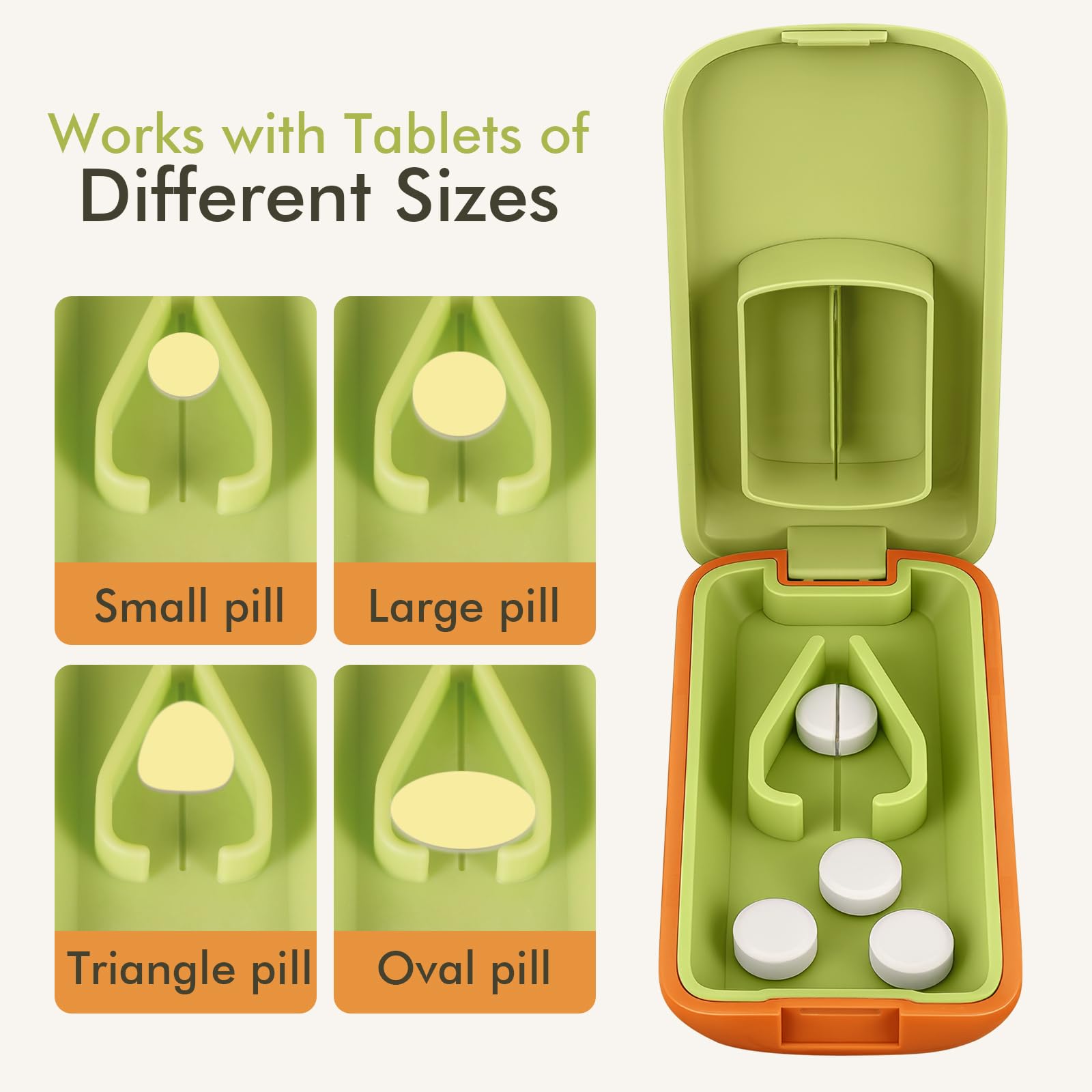JohnBee Pill Splitter open view displaying the sharp stainless steel blade and green silicone V-shaped base.
