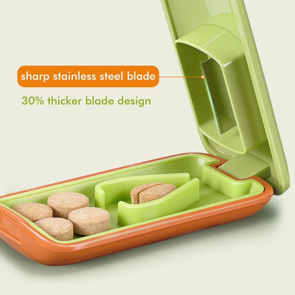JohnBee Portable Medication Splitter showing the integrated storage compartments holding divided pills.