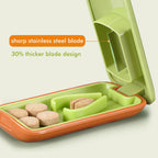 JohnBee Portable Medication Splitter showing the integrated storage compartments holding divided pills.