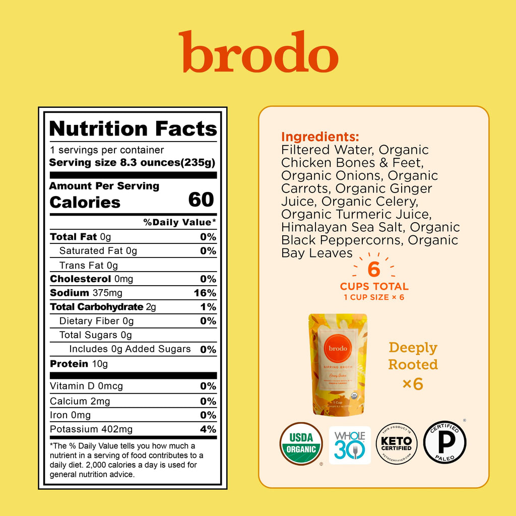 Organic chicken bone broth infused with ginger juice and turmeric single serving mug