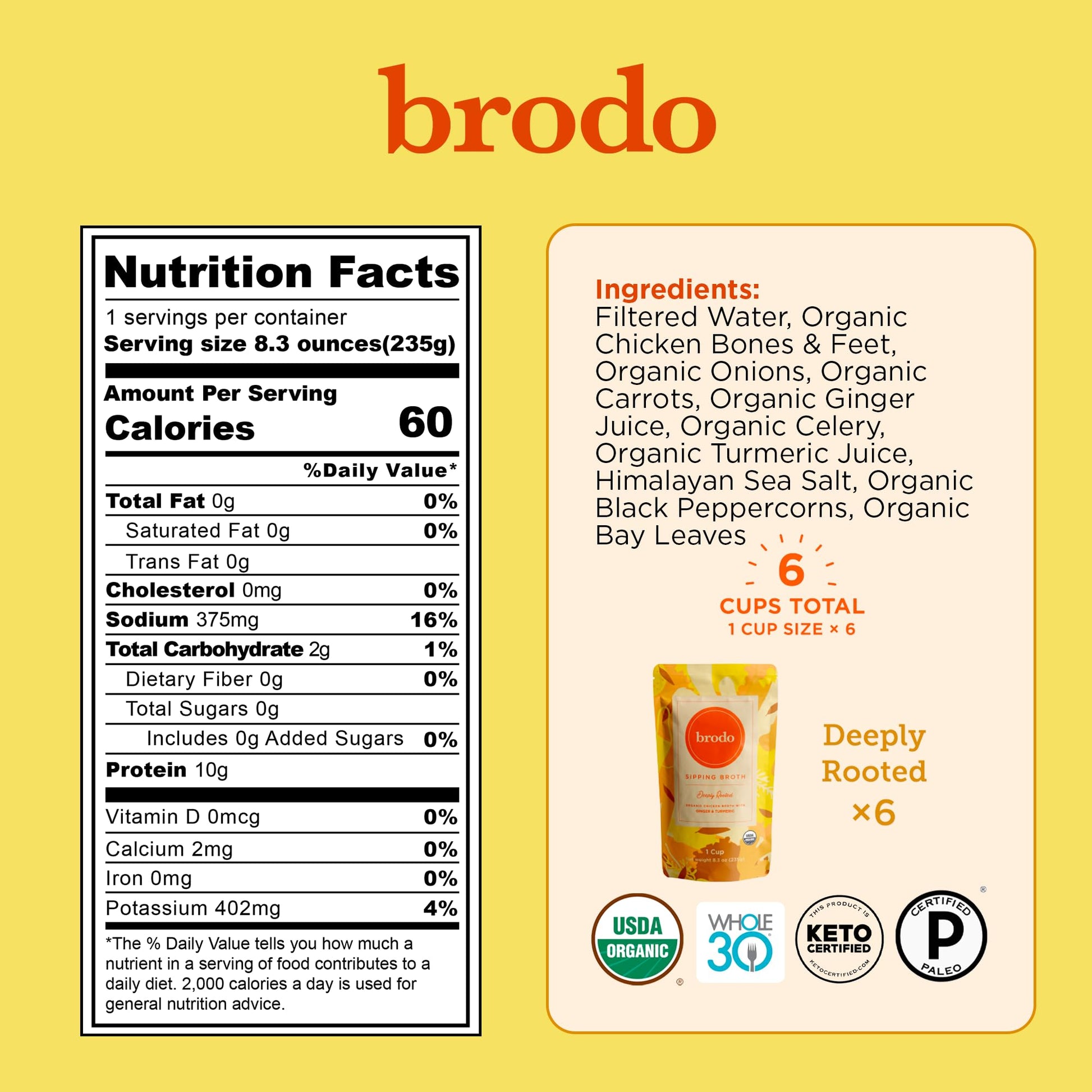 Organic chicken bone broth infused with ginger juice and turmeric single serving mug