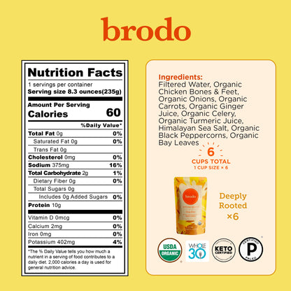 Organic chicken bone broth infused with ginger juice and turmeric single serving mug