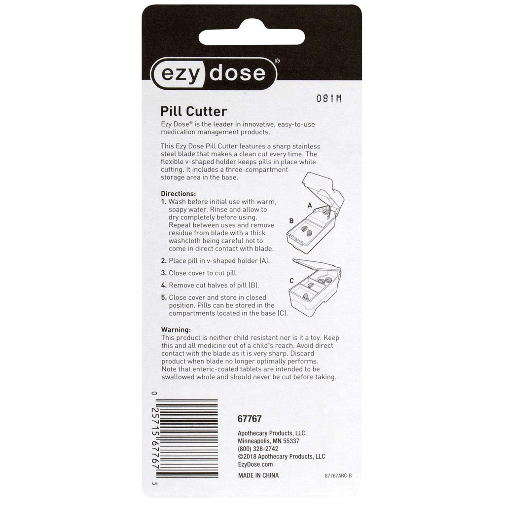 Ezy Dose plastic pill splitter demonstrating built in storage compartment