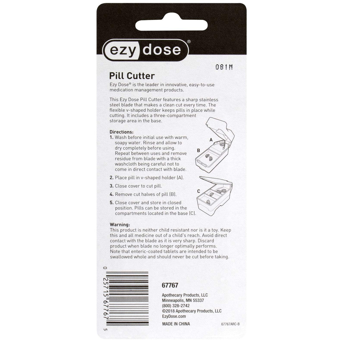 Ezy Dose plastic pill splitter demonstrating built in storage compartment