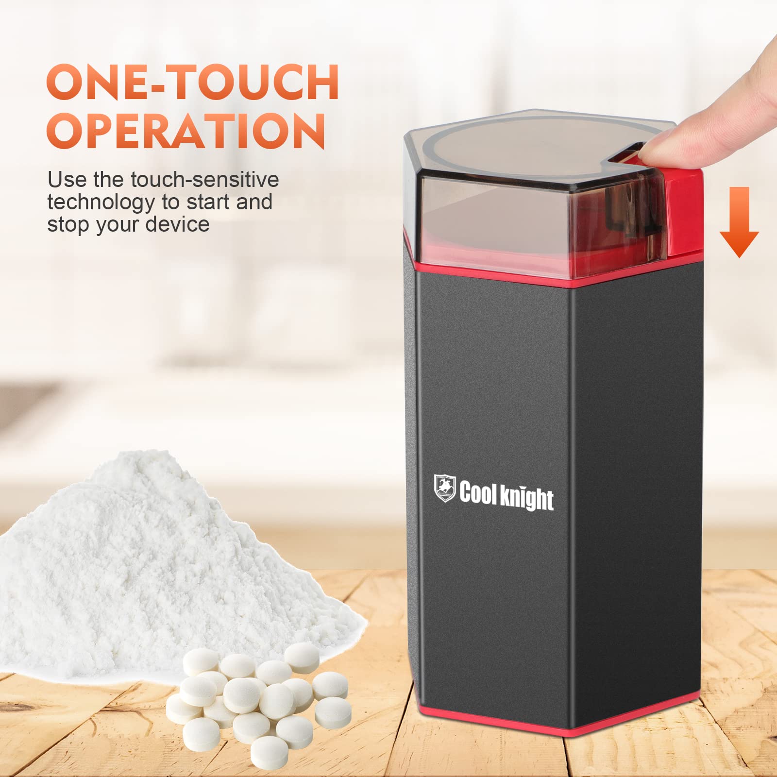 Automatic medication pulverizer showing 304 stainless steel blade interior setup