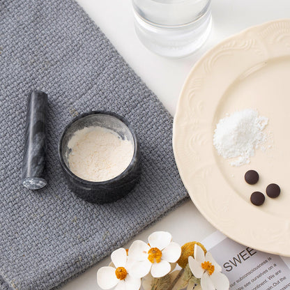 Fasolahome premium stone mortar set showing zero residue cleaning brush sweeping up fine medicinal powder