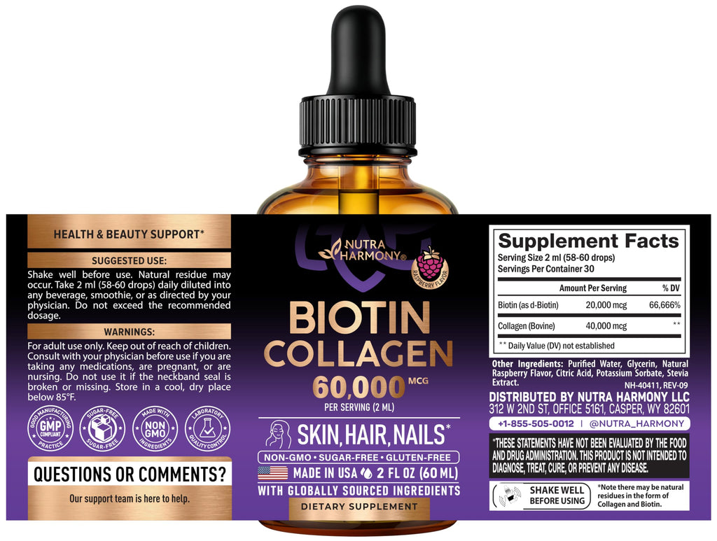 Two fluid ounces bottle of NutraHarmony liquid beauty complex showing dropper mechanism