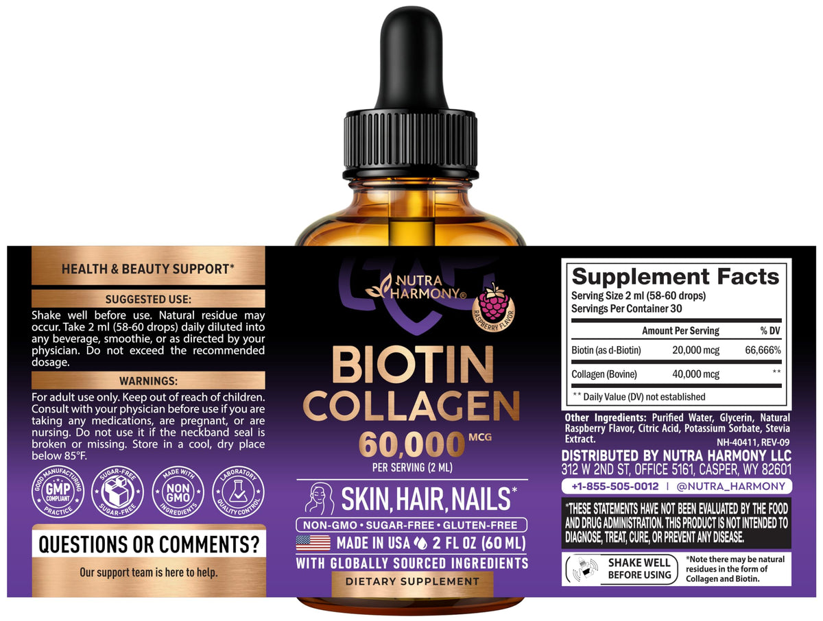 Two fluid ounces bottle of NutraHarmony liquid beauty complex showing dropper mechanism