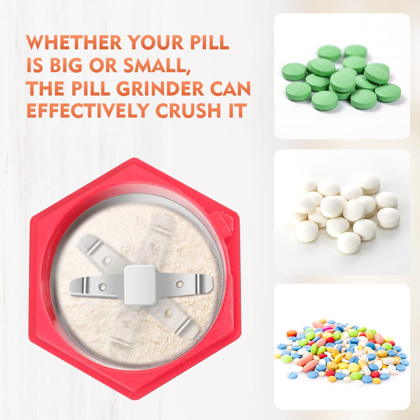 Transparent safety lid locked onto electric pill crusher preventing powder mess