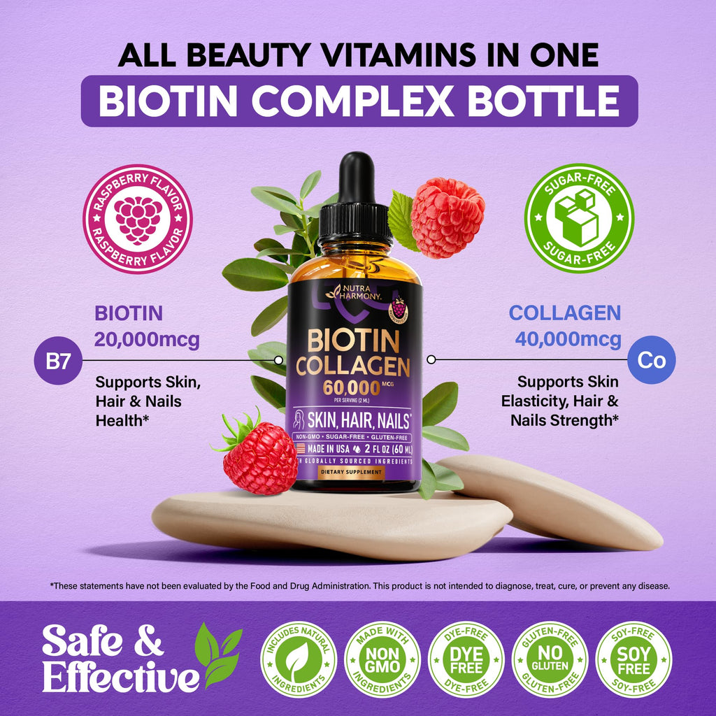 Authentic NutraHarmony raspberry flavored liquid tincture for skin elasticity and nail strength