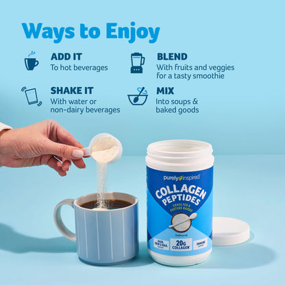 Scoop of unflavored collagen peptides being mixed into a morning coffee beverage.
