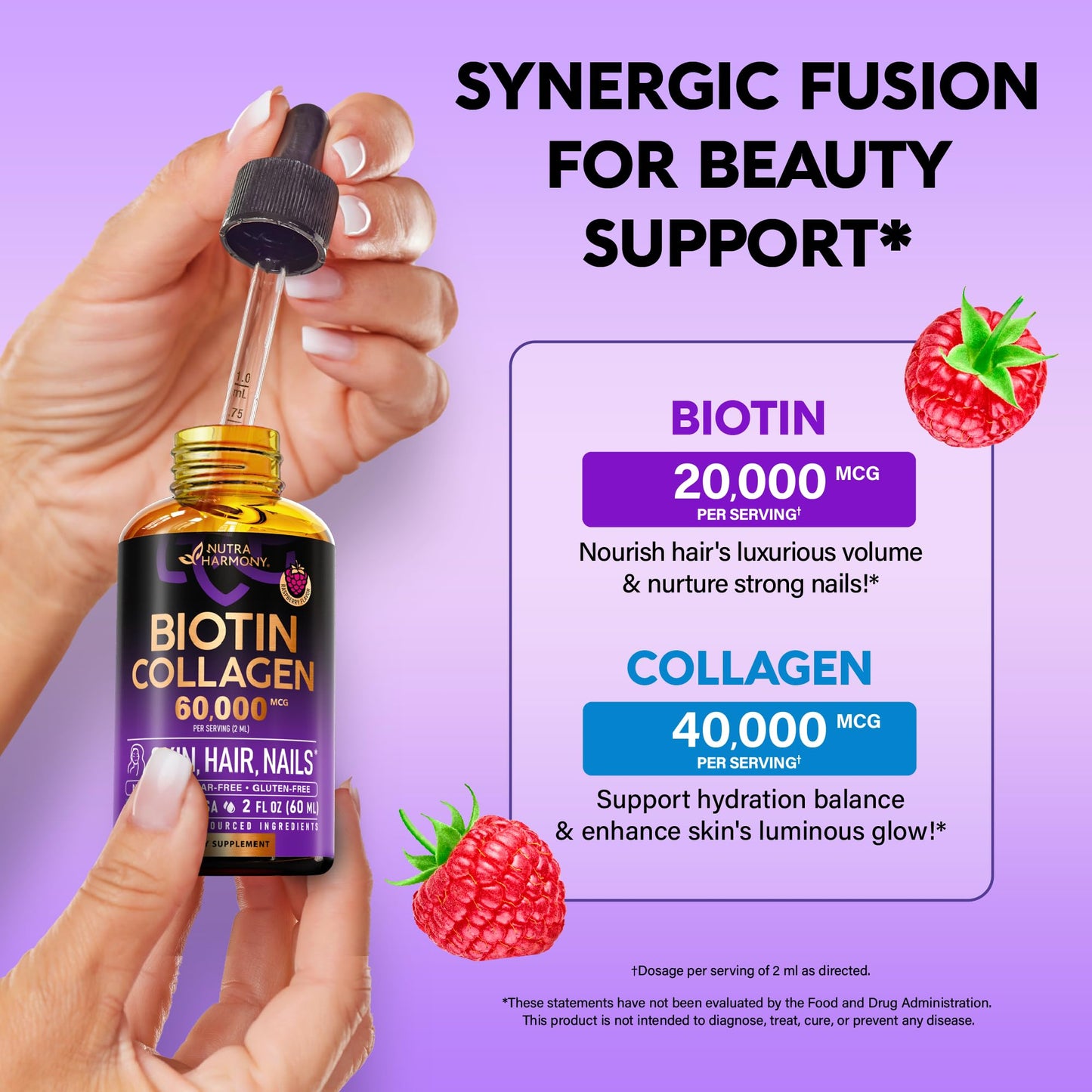 Sugar free and gluten free NutraHarmony liquid hair vitamins bottle close up view