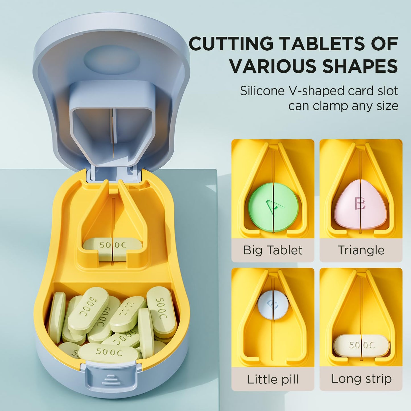 GAONLY medicine cutter showing the detachable V shaped silicone pad holding a tiny pill.