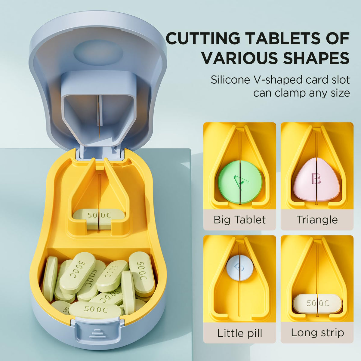 GAONLY medicine cutter showing the detachable V shaped silicone pad holding a tiny pill.