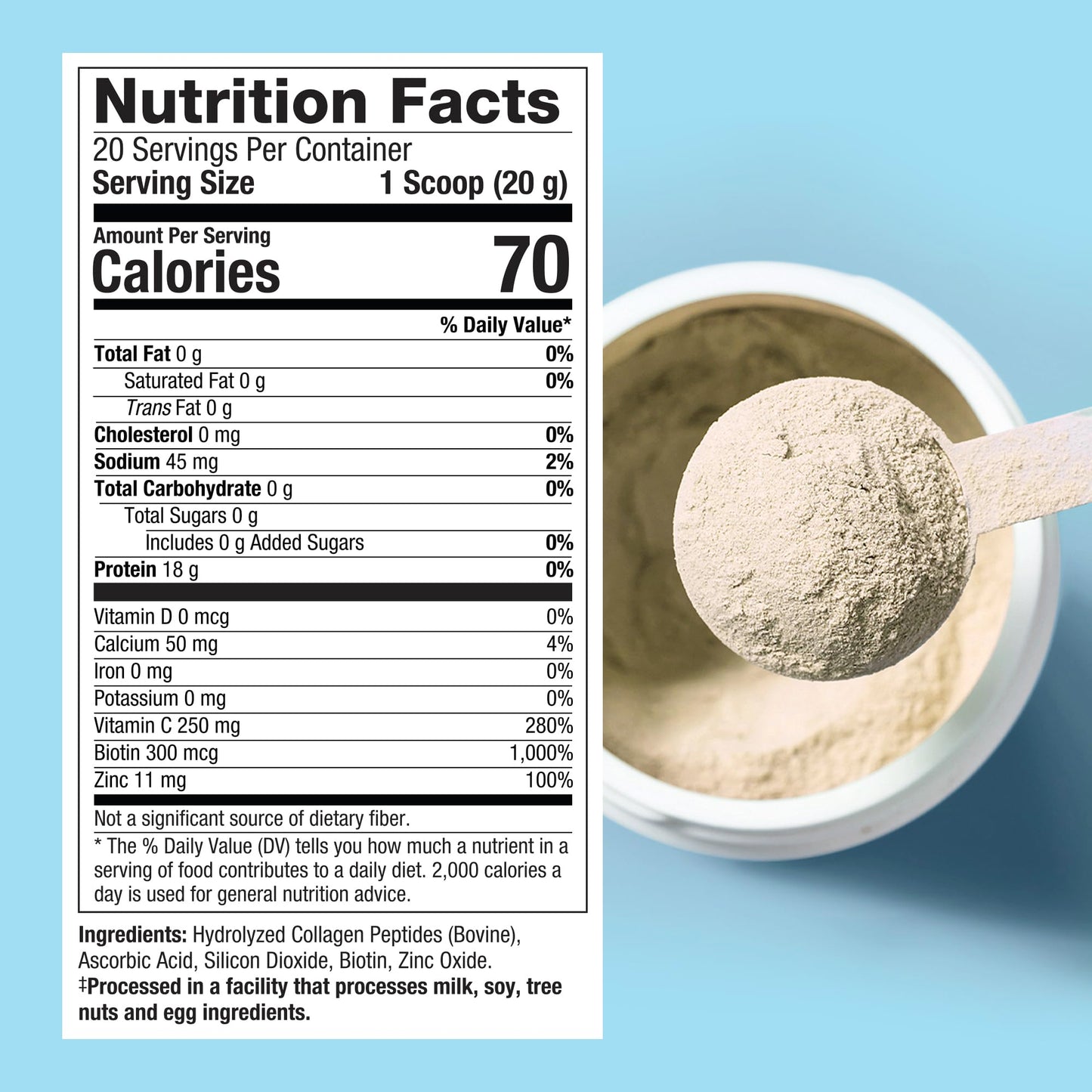 Side view of Purely Inspired collagen peptides powder highlighting twenty grams serving size.