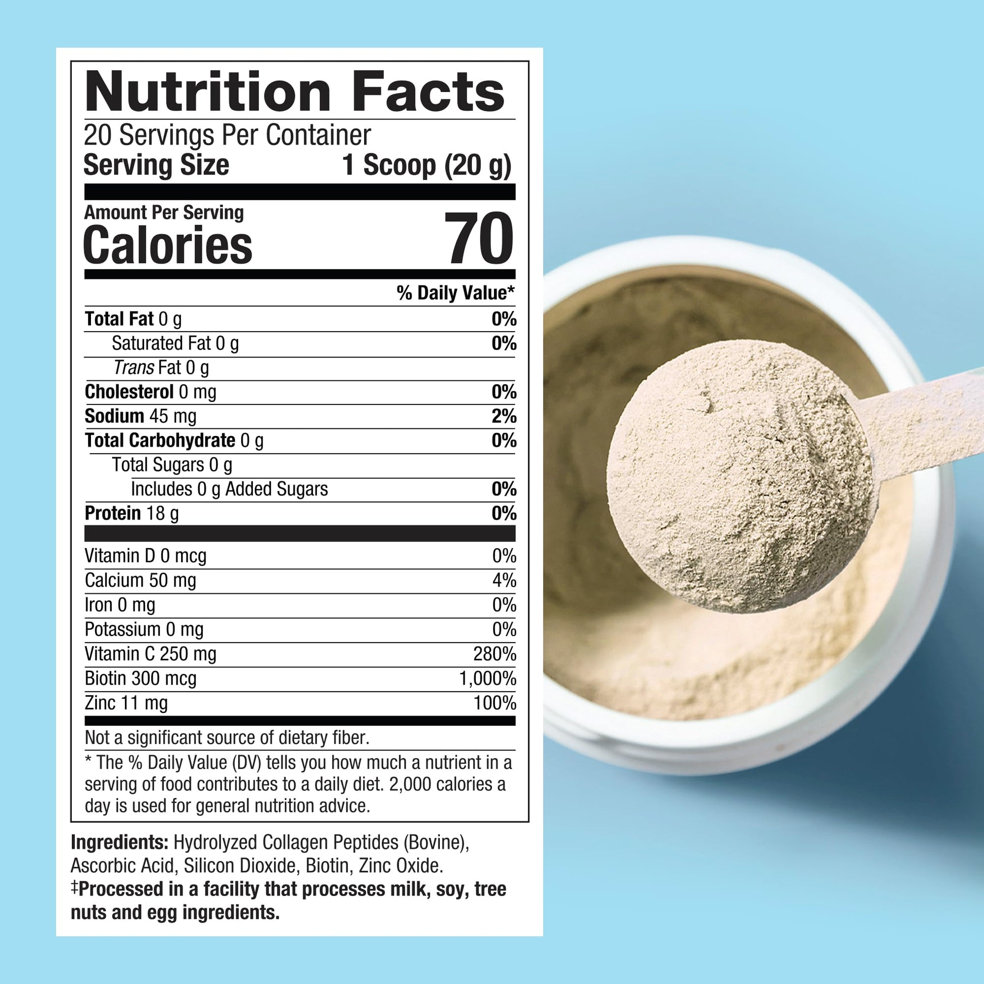 Side view of Purely Inspired collagen peptides powder highlighting twenty grams serving size.