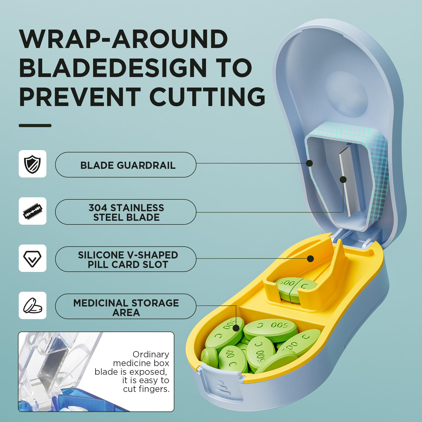 GAONLY premium pill splitter back view revealing the integrated airtight medicine storage compartment.
