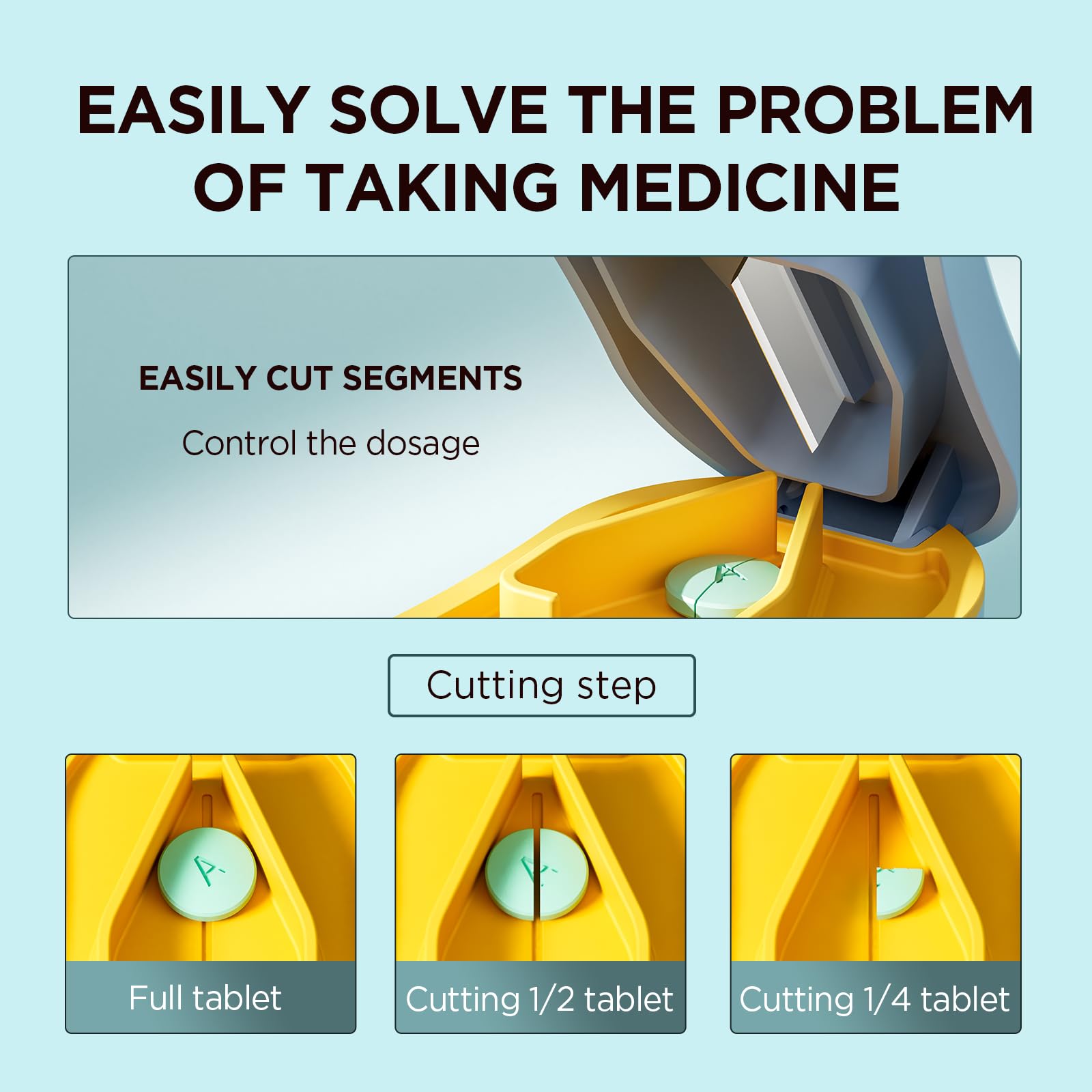 GAONLY blue pill splitter alongside the included small cleaning brush for powder residue removal.