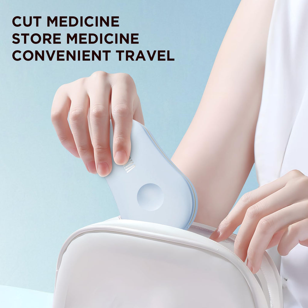 GAONLY precise pill cutter demonstrating a clean half cut on a small prescription tablet.