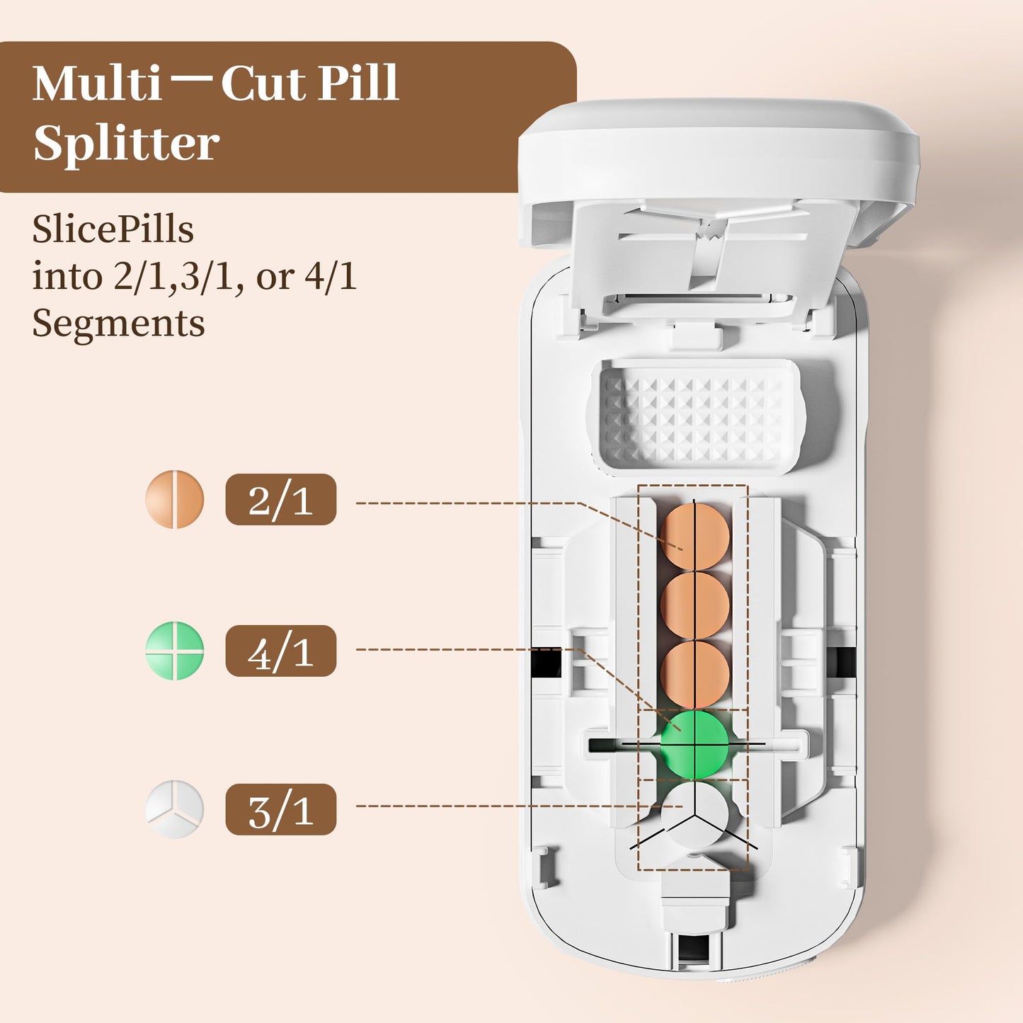 MKTWVG precision pill splitter opened to reveal internal V-shaped holder and stainless steel blade