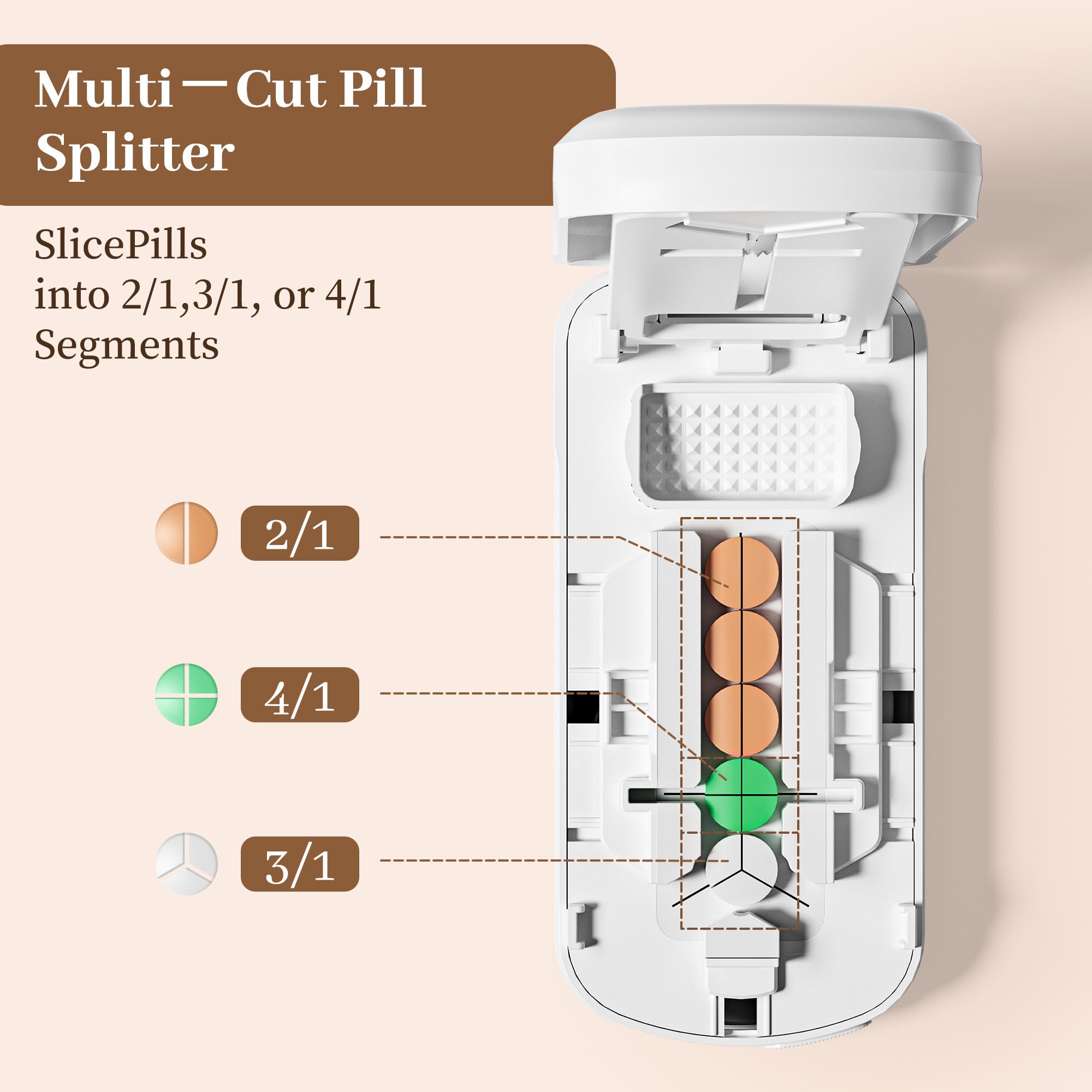MKTWVG precision pill splitter opened to reveal internal V-shaped holder and stainless steel blade