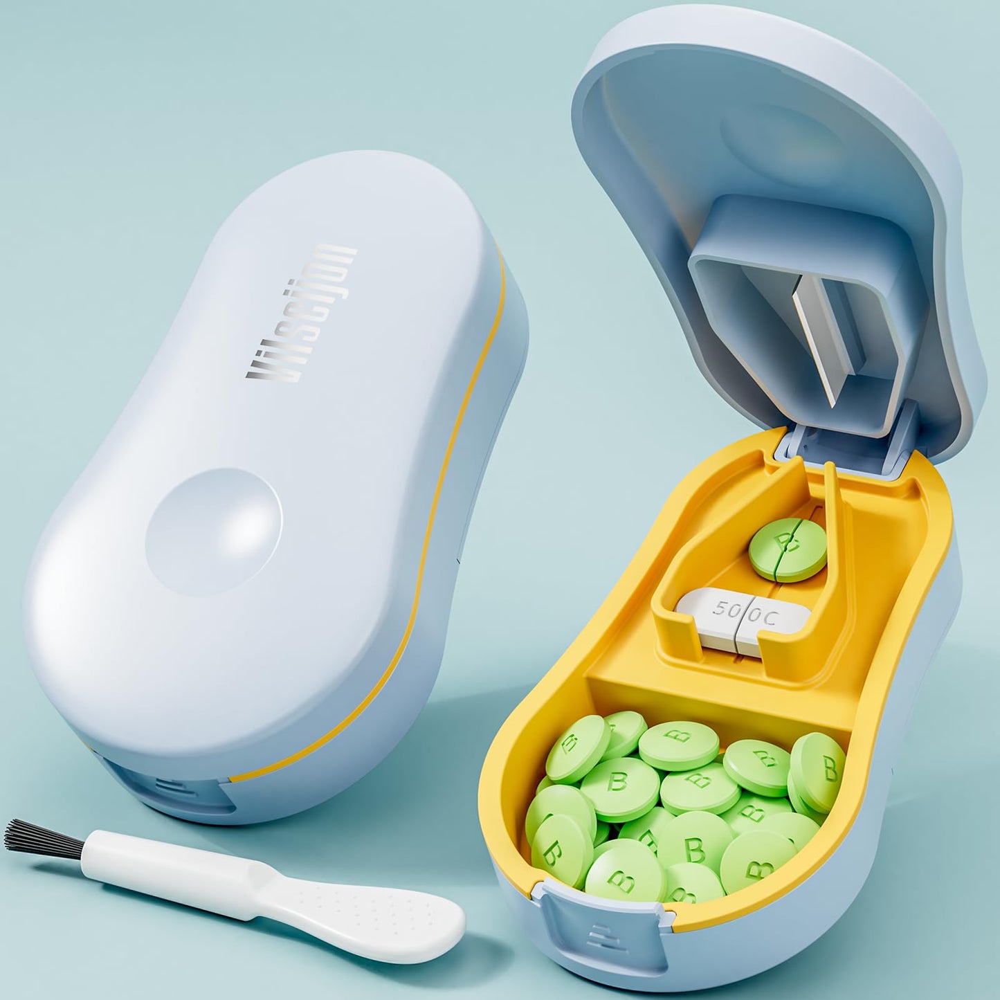 GAONLY compact medicine organizer and cutter placed inside a travel bag for portability.