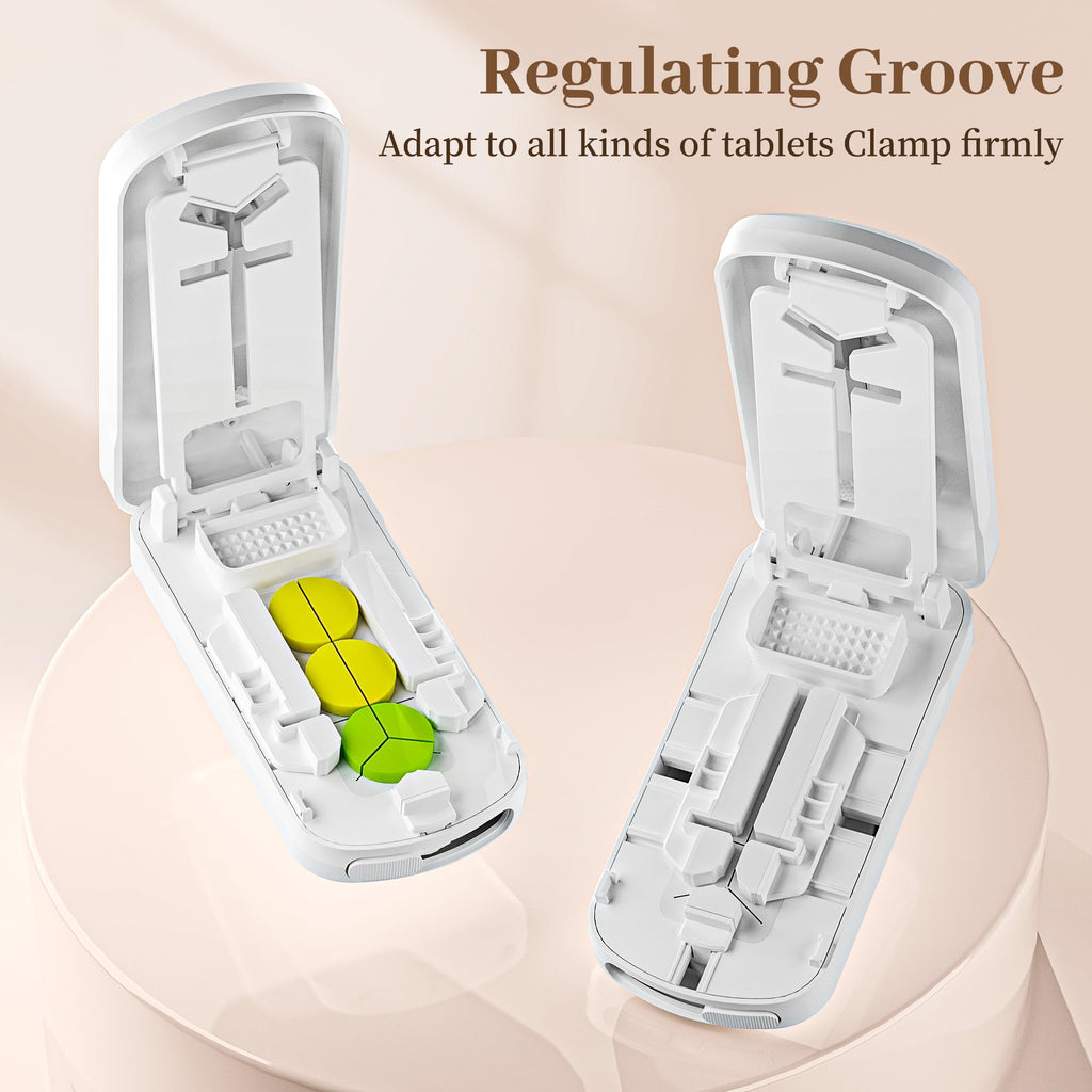 MKTWVG portable pill cutter containing minuscule 3mm tablets precisely split into halves and quarters