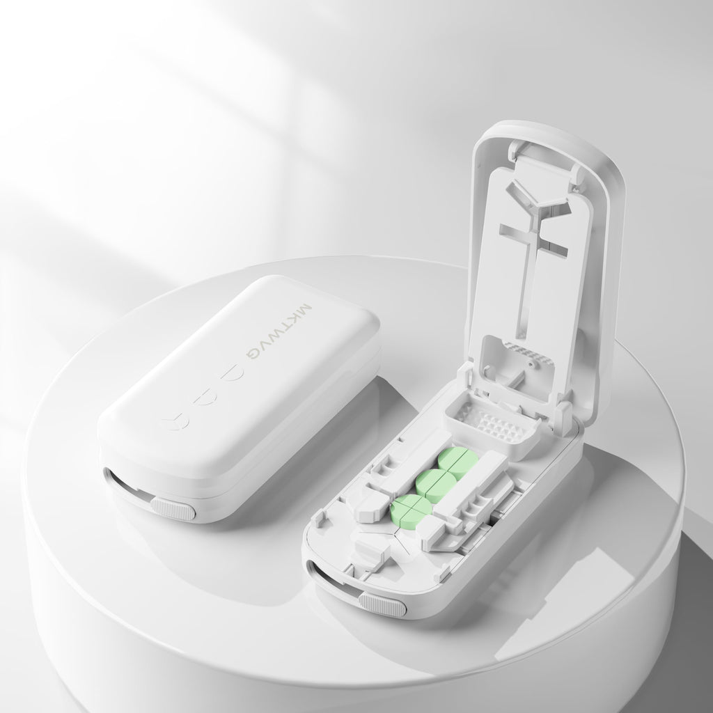 MKTWVG travel tablet splitter disassembled into separate components for easy cleaning and maintenance