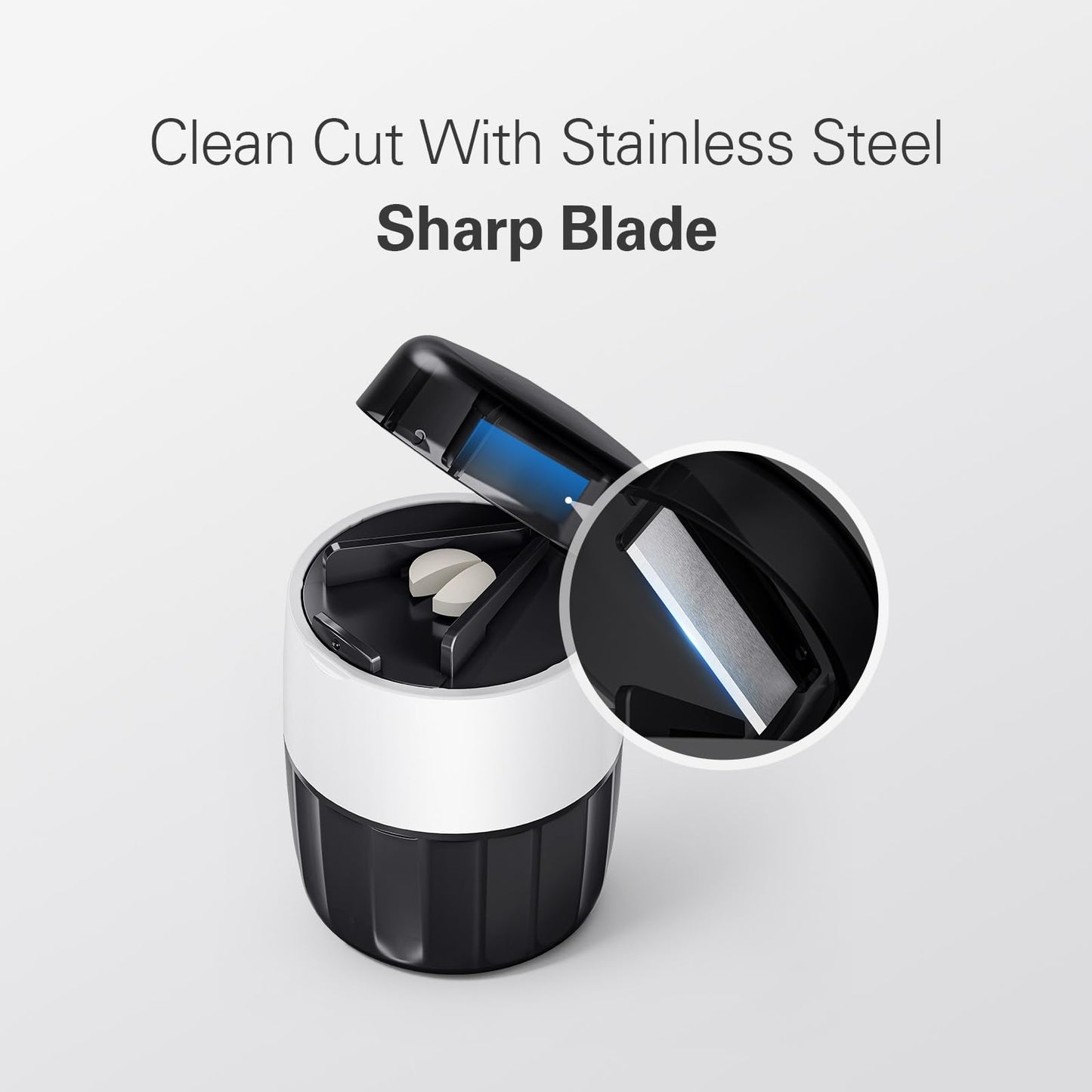 DEPAD portable pill crusher showing fine powder formulation after twisting the cap