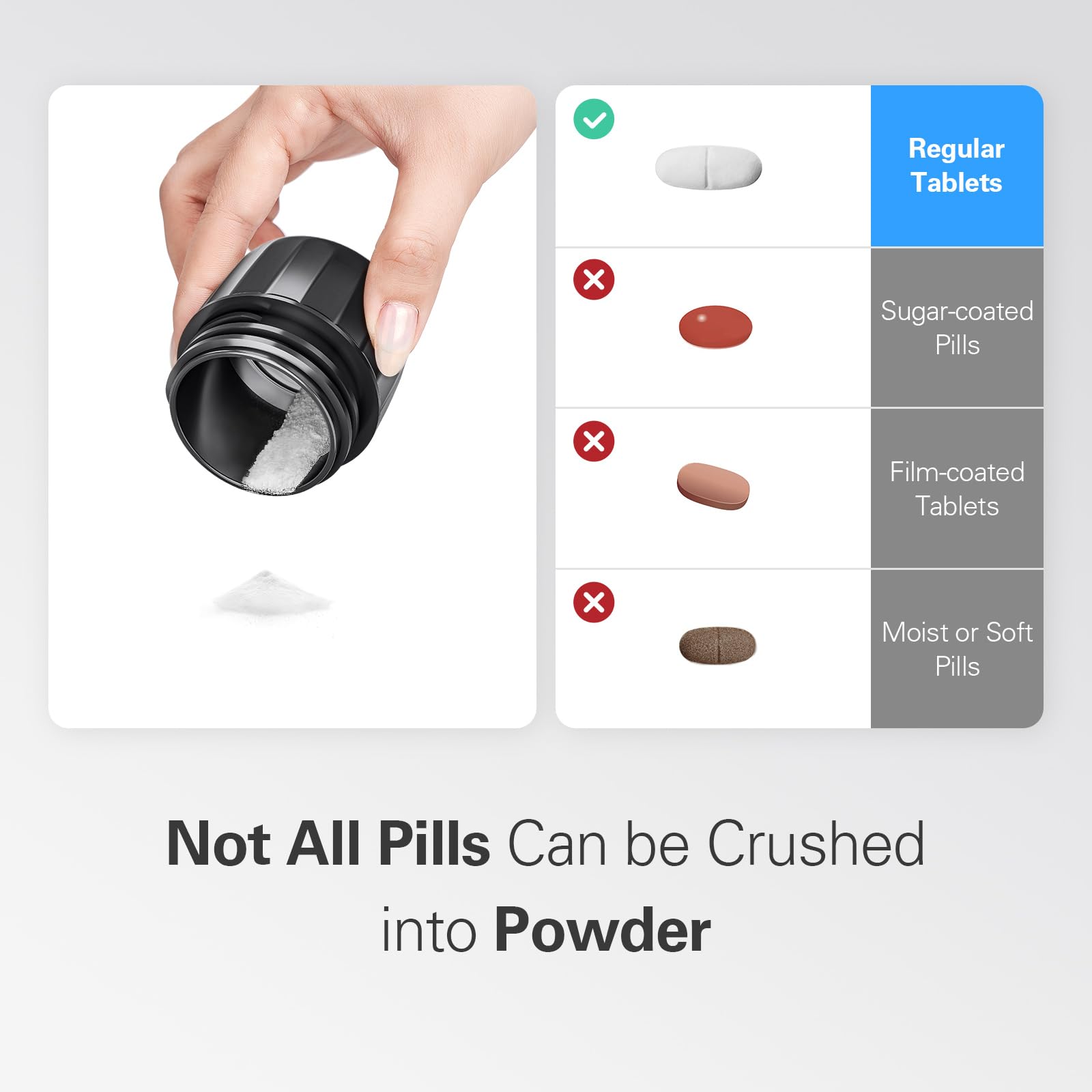 DEPAD premium pill crusher being used to prepare medication powder for easy swallowing